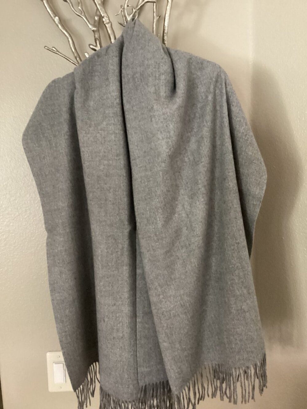 Gray wool and cashmere fringed shawl/scarf (76 inches x 27 inches)
